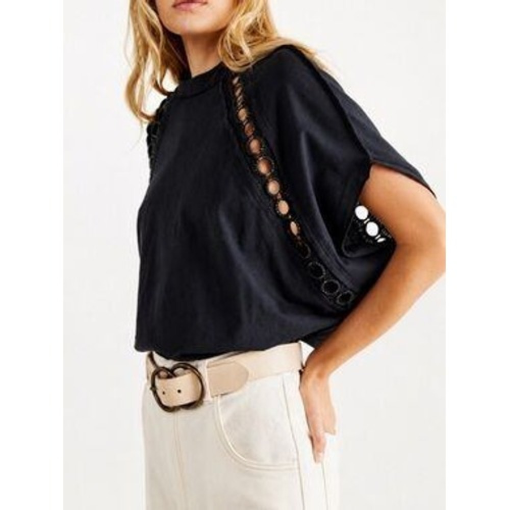 Free People Rough Around the Edges Black Oversized Crochet Eyelet Dolman Top S/M